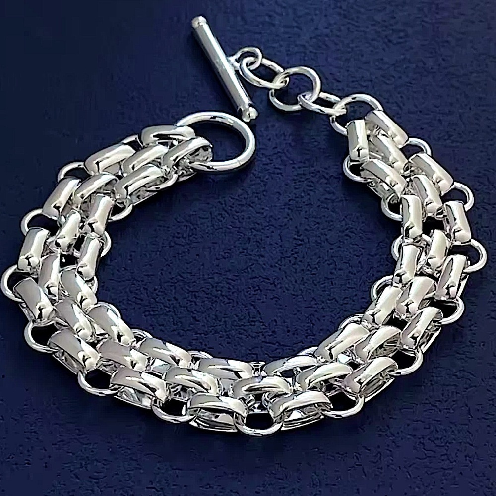Sterling Silver Chain Link Cuban Mesh Lattice Stamped 925 Bracelet